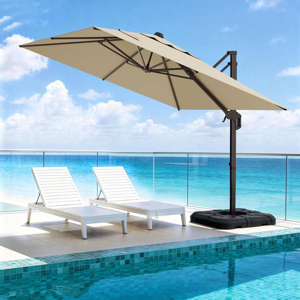 10' X 10' Patio Umbrella Cantilever Outdoor Rectangle Umbrella with Base Included, Heavy Duty 360°Rotation Offset Umbrella for Garden Deck Pool Patio, Beige