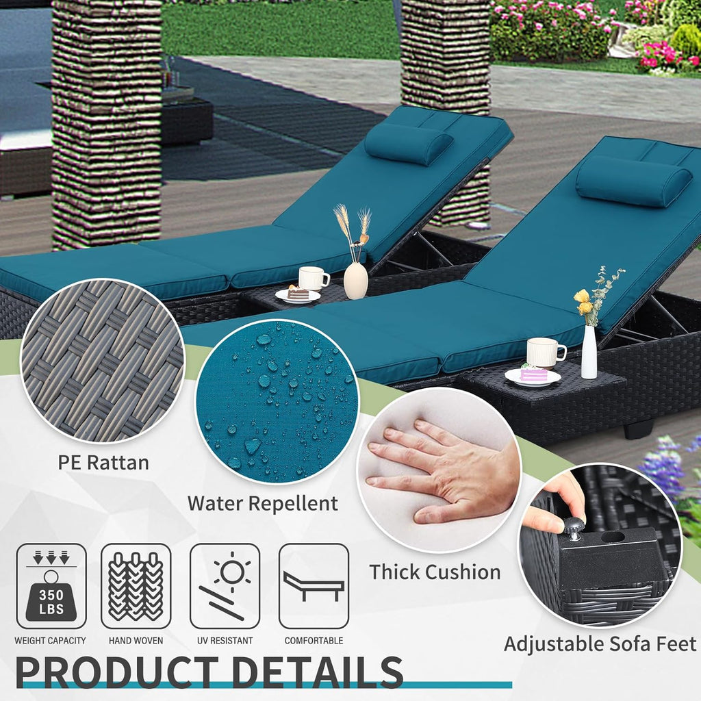WAROOM Outdoor Chaise Lounge Chairs for Outside Patio Furniture Set of 2 Wicker Recliner Black Rattan Sunbathing Lounger Adjustable Backrest Pool Reclining Chair, Peacock Blue Cushion