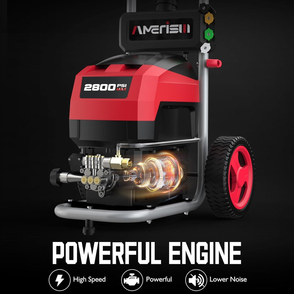 AMERISUN Electric Pressure Washer, 2800 Max PSI and 2.0 GPM, Power Washer with Onboard Soap Tank, Spray Gun and 25 FT Hose, 5 Nozzle Set (1 Turbo), for Cars/Driveways/Patios/Furniture/Deck