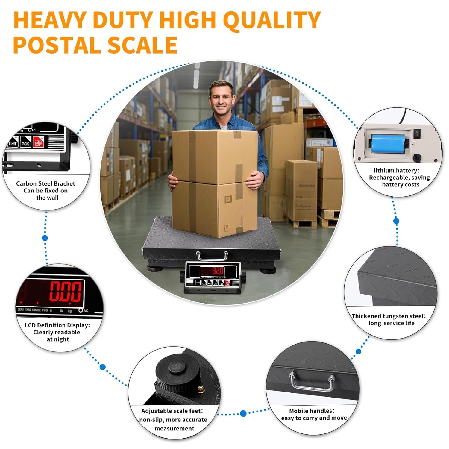 Heavy Duty Postal Scale, 660lb/0.1lb High Accuracy Shipping Scale with Carbon Steel Large Platform, LB/KG, Counting, Tare & LED, Lithium Batteries & Chargers for Small Business Warehouses etc