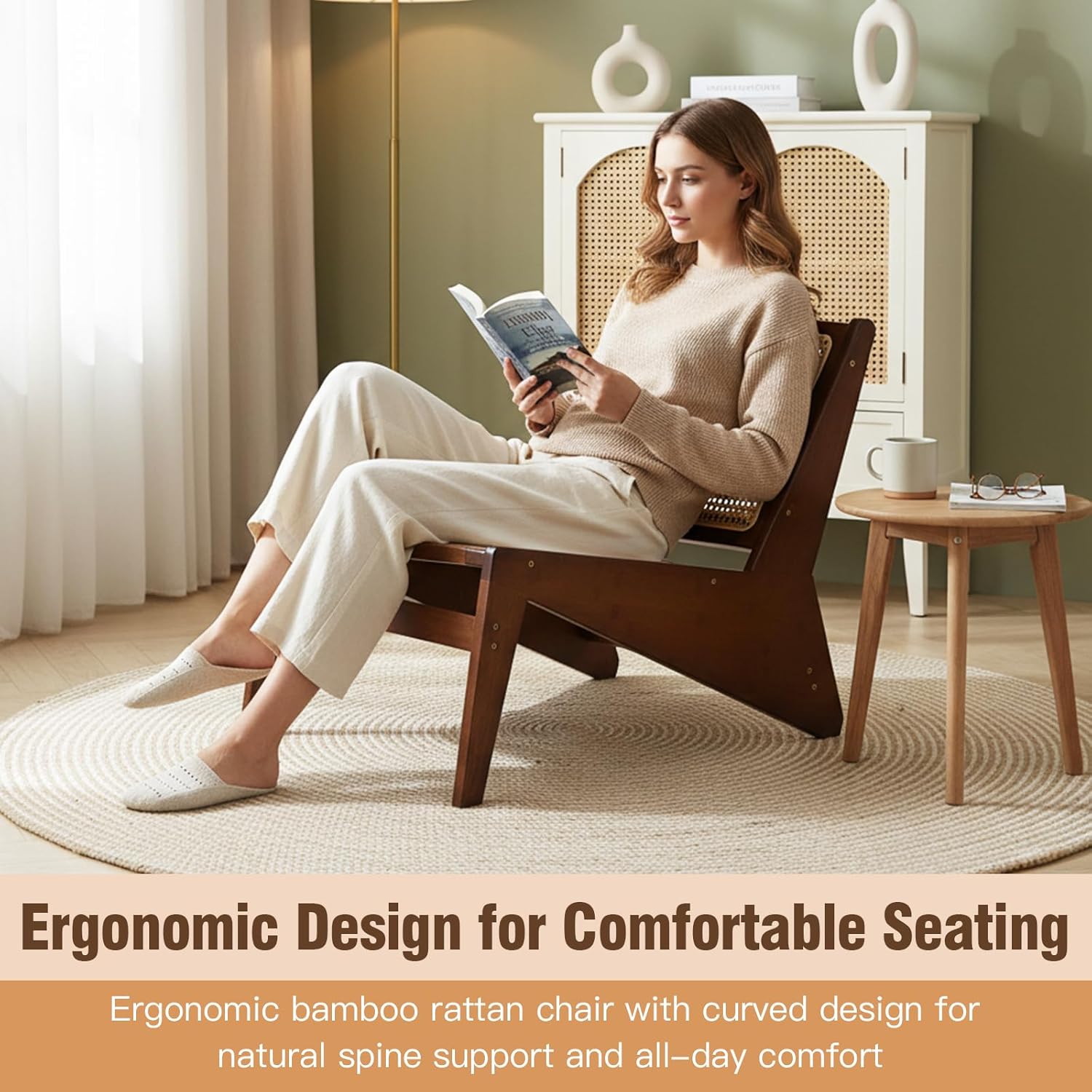 Welnow Mid Century Rattan Accent Chair, Bamboo Wood Lounge Chair with Woven Cane Backrest, Low Armchair for Living Room, Bedroom, Balcony or Reading Corner, Walnut