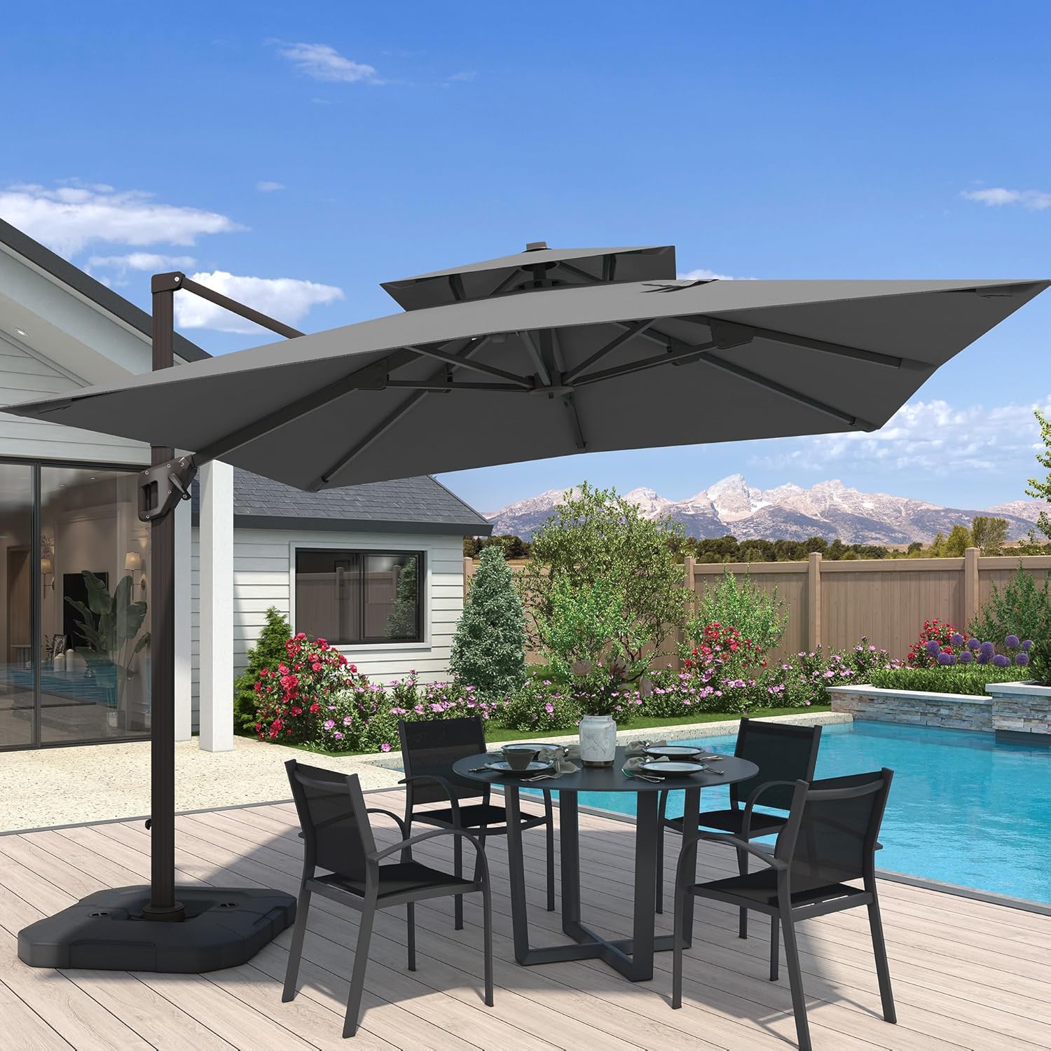 10x10 FT Cantilever Patio Umbrella Double Top Outdoor Square Large Heavy Duty Aluminum Offset Umbrellas with 7 Level Tilt 360-degree Rotation for Pool Garden Deck, Grey