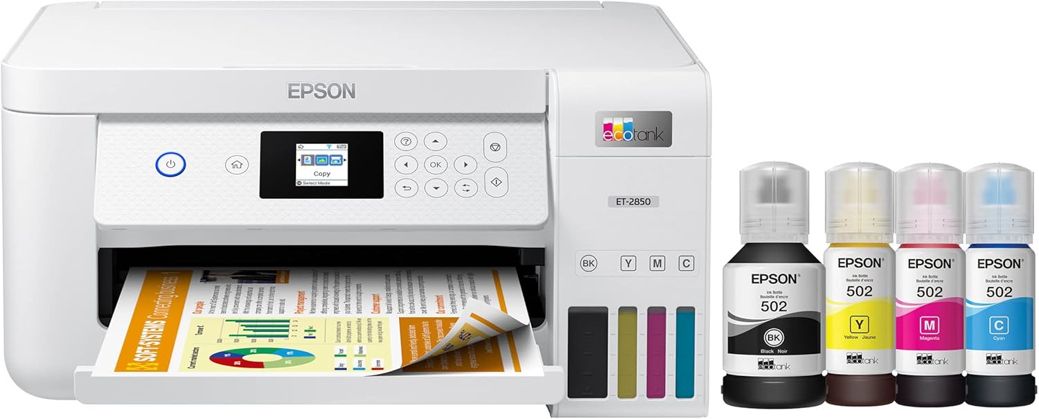 Epson EcoTank ET-2850 Wireless Color All-in-One Supertank Inkjet Printer, White - Print Scan Copy - 10 ppm, 4800 x 1200 dpi, Auto 2-Sided Printing, Voice-Activated