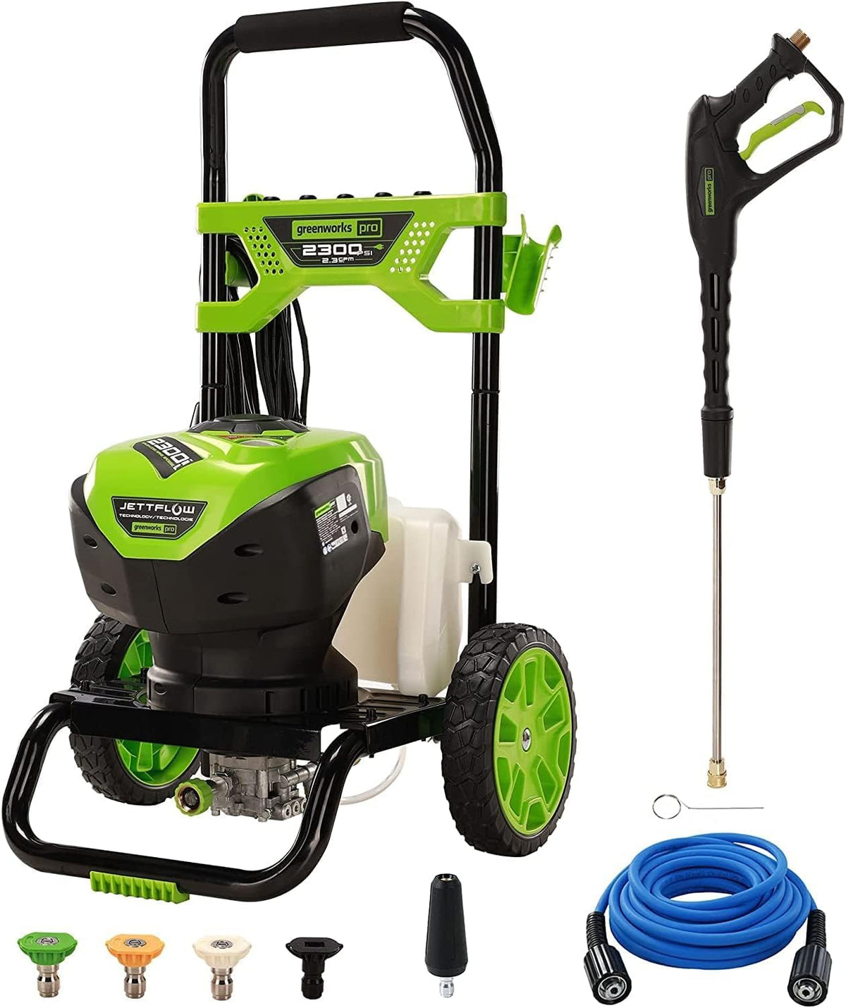 Greenworks 2300 PSI TruBrushless (2.3 GPM) Electric Pressure Washer, 25' Hose, Quick Connect Wand, 15, 24, 40 Degree Soap and Turbo Nozzle