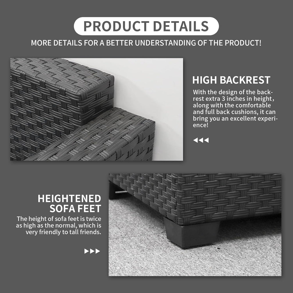 Rattaner Patio Wicker Furniture Set 6 Pieces Outdoor HDPE Wicker Conversation Couch Sectional Chair Sofa Set with Grey Cushions
