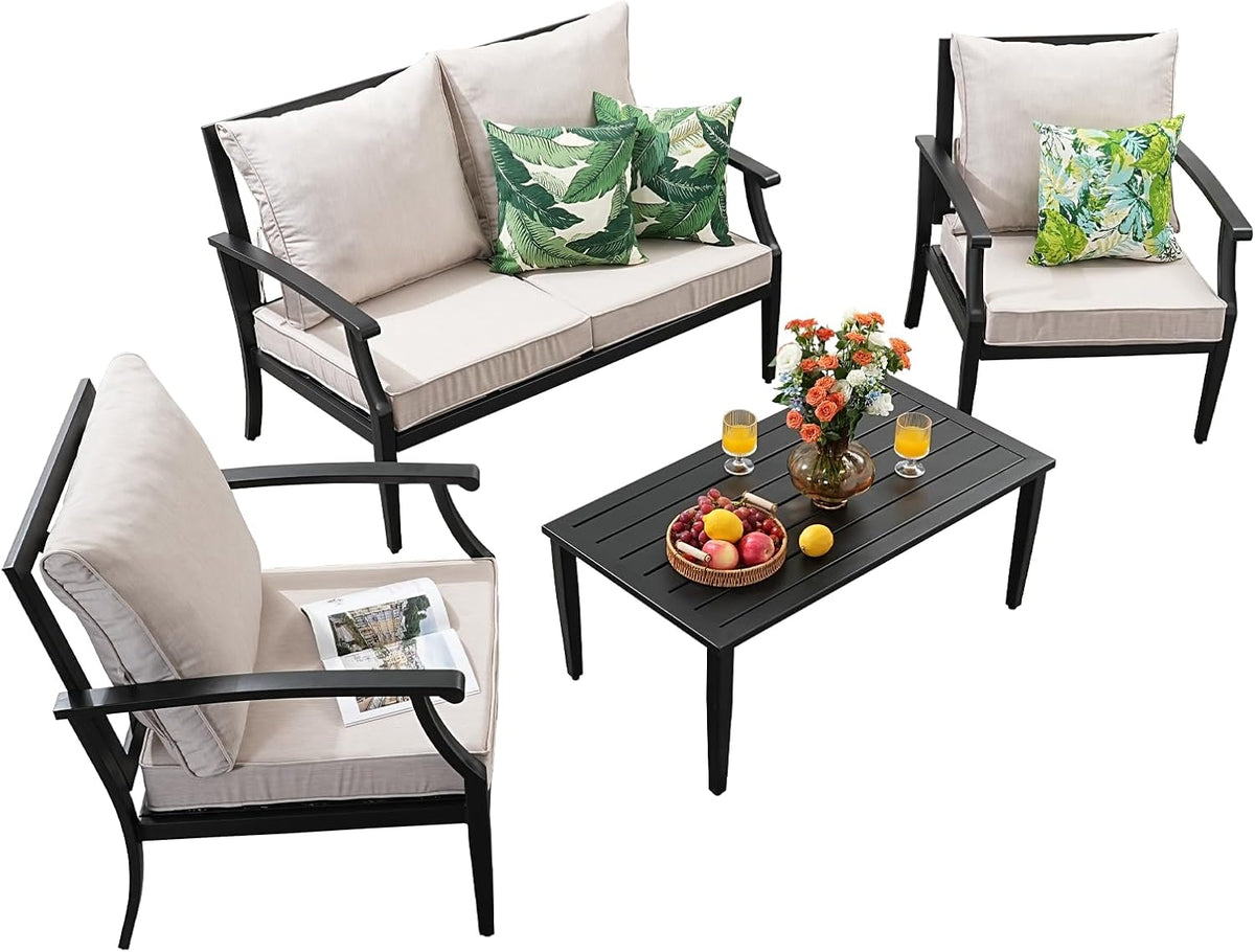 4 Piece Outdoor Patio Furniture Set, Oversized Metal Conversation Set with High Back & Deep Seating, Water-Repellent Cushions, Coffee Table for Porch, Deck, Backyard, Beige