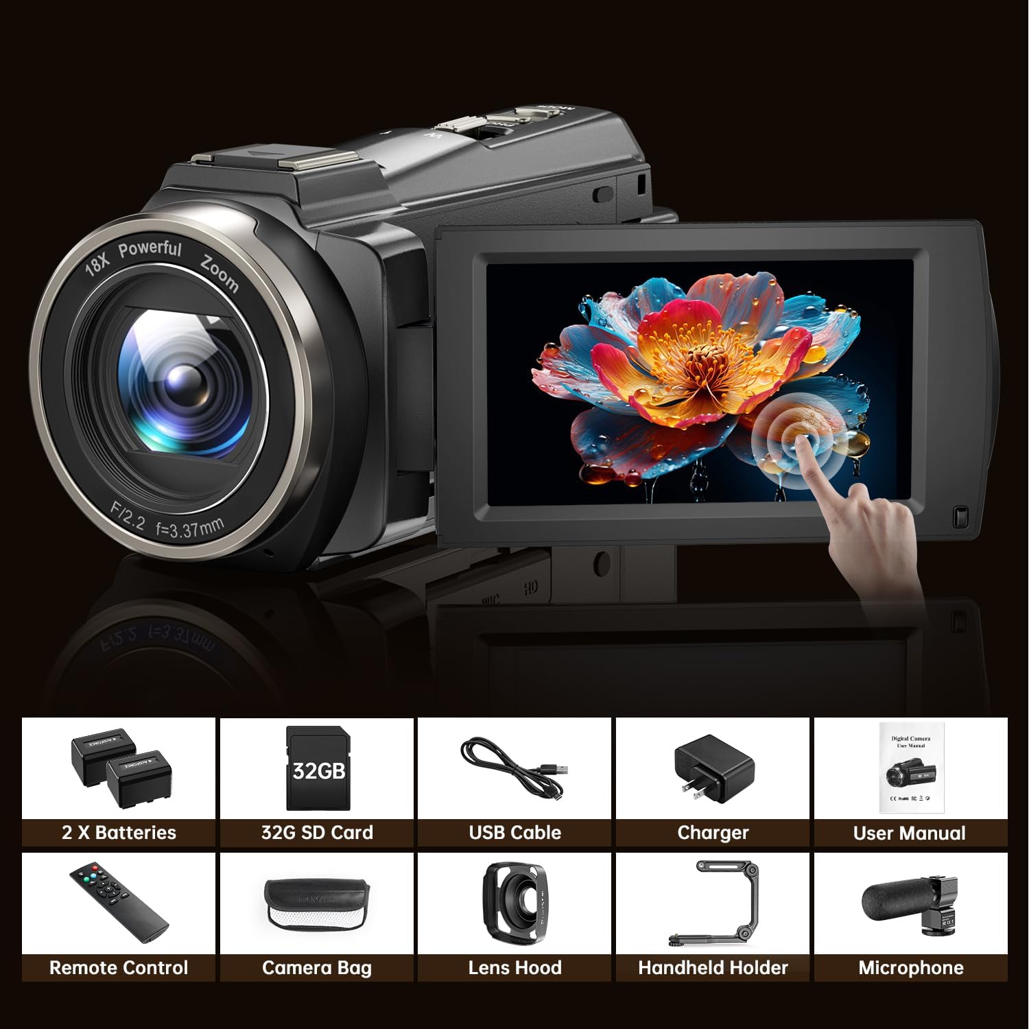 8K Video Camera 88MP UHD WiFi Vlogging Cameras for YouTube 18X Digital Zoom IR Night Vision 3.0'' Touch Screen Camcorder with 32GB Card, Microphone, Lens Hood, Stabilizer, Remote, Two Batteries