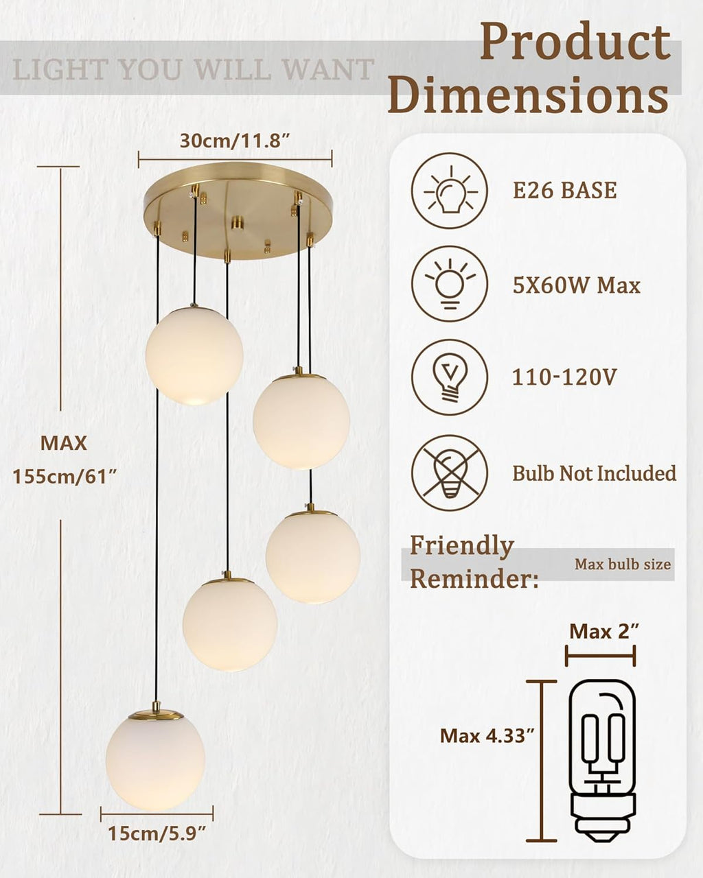 5-Light Globe Chandelier Cluster Pendant Lights, Mid Century Brushed Brass Gold Chandelier with Milk Glass Shade, Adjustable Hanging Cord Ceiling Light for Living Dining Room Staircase