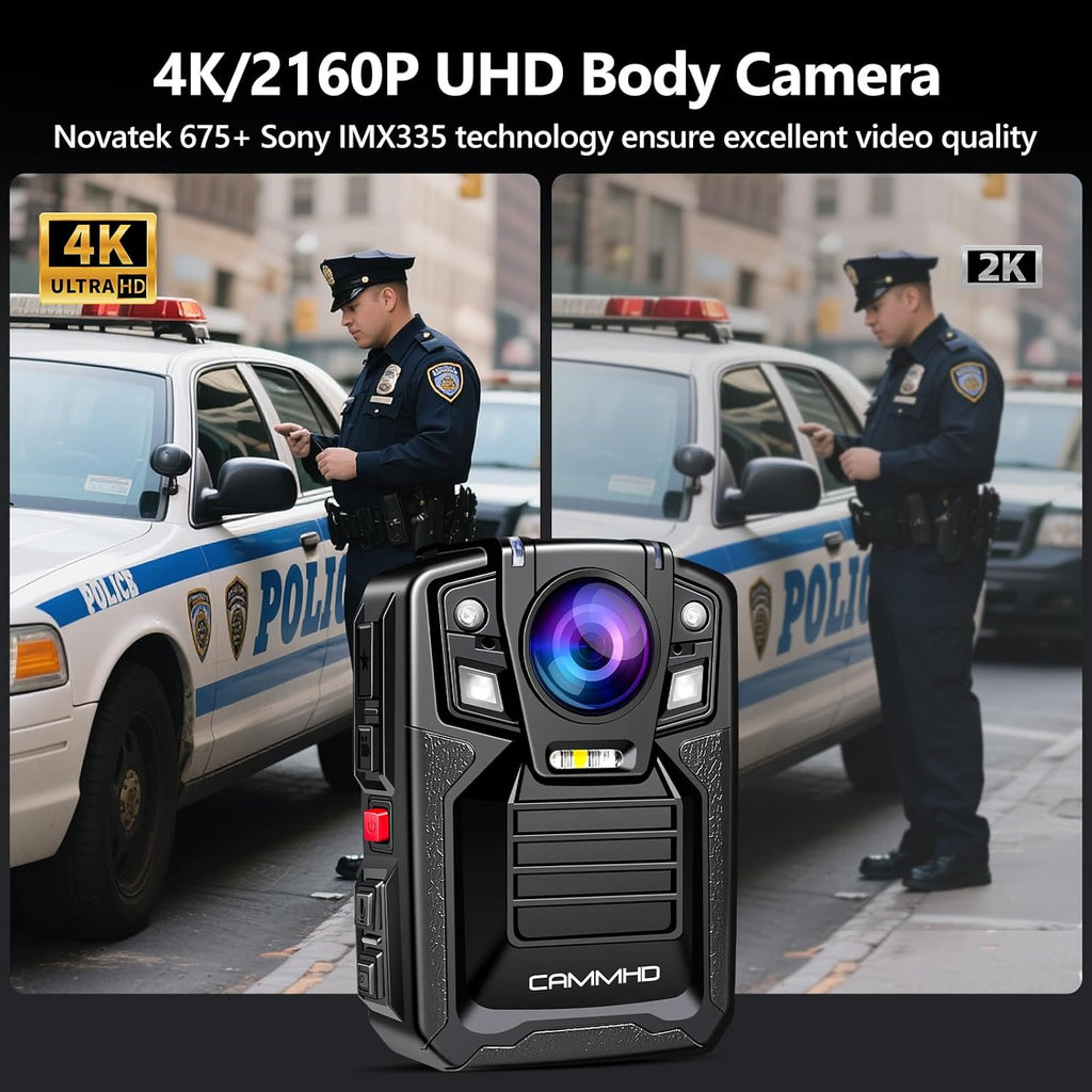 CAMMHD V8-256GB 4K Body Camera with Audio and Video Recording, 2160P Body Cam Two Battery 4400mAh Work 14H, H.265 Video Recorder, IP68 Waterproof, Night Vision Police Camera with Charging Dock