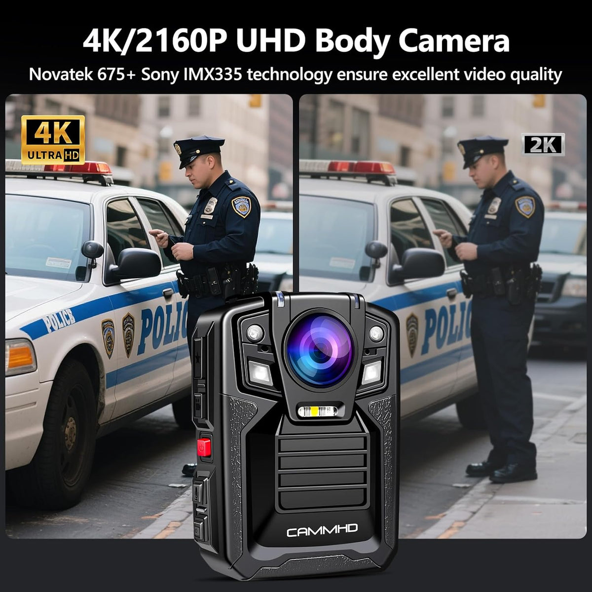 CAMMHD V8-256GB 4K Body Camera with Audio and Video Recording, 2160P Body Cam Two Battery 4400mAh Work 14H, H.265 Video Recorder, IP68 Waterproof, Night Vision Police Camera with Charging Dock