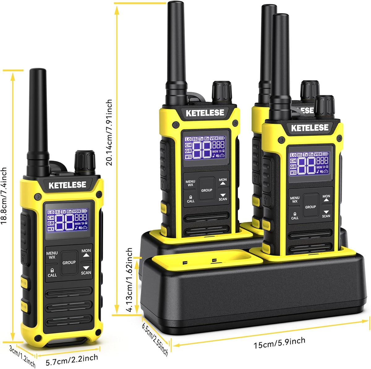 KETELESE T3F IP67 Waterproof Two Way Radios, FRS Walkie Talkie 4 Pack with Earpieces,USB C Charge Dock,Group Talk,Flashlight,VOX,Weather Alert, for Adults, Black/Yellow