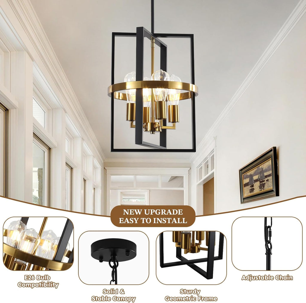 Small Black and Gold Chandelier for Dining Room, 4-Light Modern Pendant Lights Adjustable Geometric Industrial Rustic Foyer Lighting Fixtures for Entryway Living Room Kitchen Island Hallway