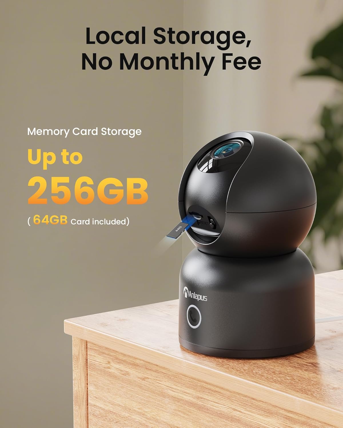 Anlapus A50 4K Pan/Tilt Home Indoor Security Camera, Plug-in WiFi Pet/Baby Monitor with One-Touch Call, AI Human/Pet/Face Tracking, 2.4/5 GHz, Two-Way Talk, Night Vision, 64G Memory Card Storage