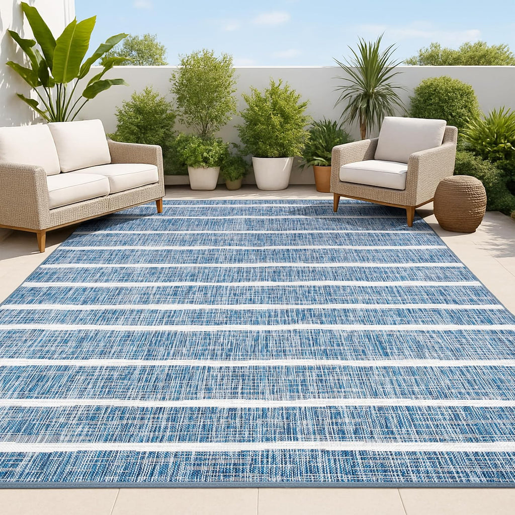 JONATHAN Y Berber Stripe Indoor Outdoor Area Rug 8X10 Blue/Ivory, Colonia for Backyard, Patio, Porch, Easy-Cleaning, High Traffic, Pet-Friendly, Non-Shedding (SMB125C-8)