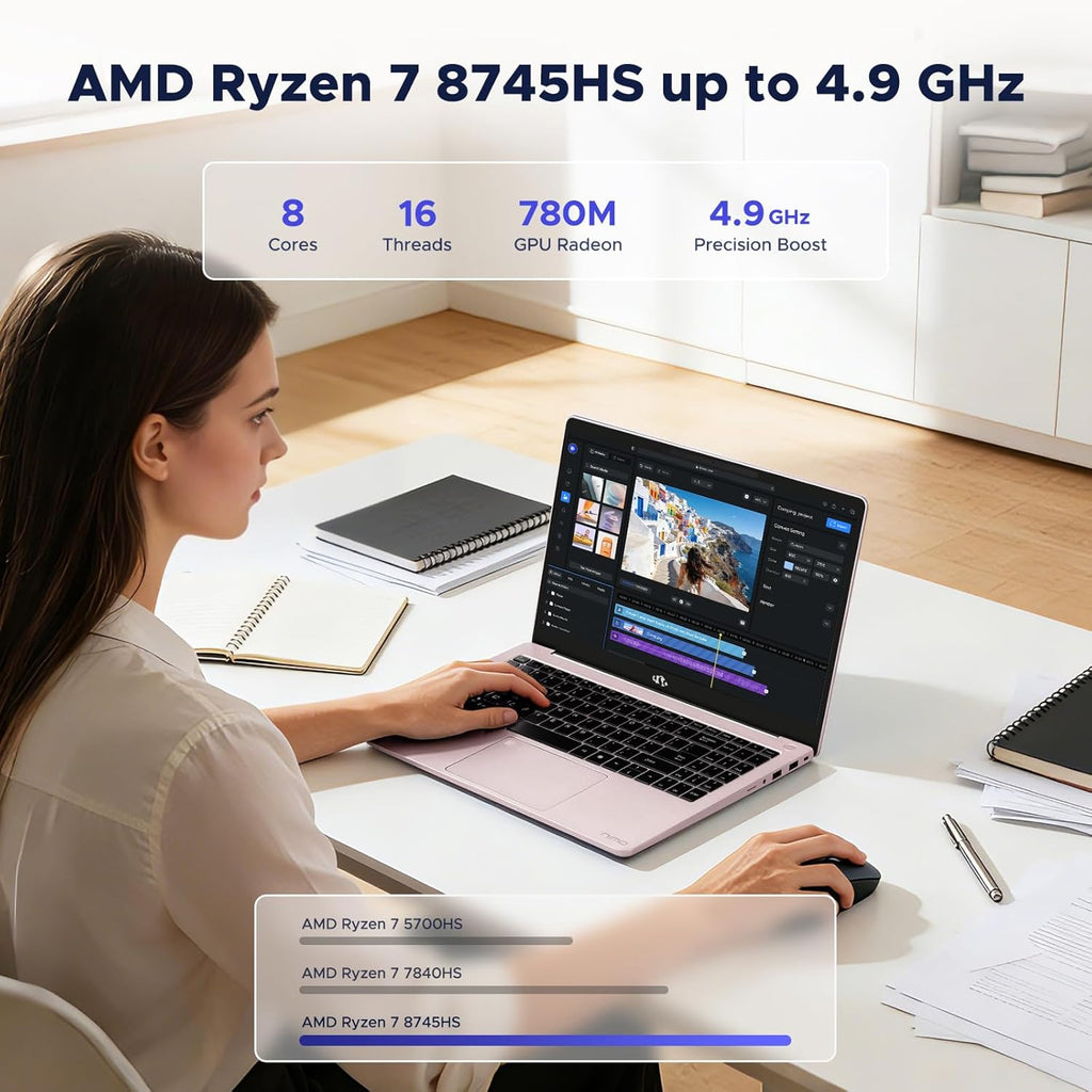 NIMO 15.6" IPS FHD-Gaming-Laptop, AMD Ryzen 7 8745HS 32GB DDR5 RAM 1TB SSD (8C/16T, up to 4.9GHz) Radeon 780M Graphics Business Computer with 100W Type-C Backlit Keyboard, Fingerprint USB-C 4.0