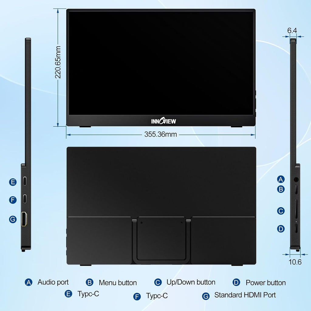 InnoView Portable Monitor 15.6" 1080P for Laptop with Protective Sleeve, Built-in 90° Adjustable Stand USB C HDMI Ultra-Slim Portable Laptop Monitor for MacBook Phone PS Xbox Switch