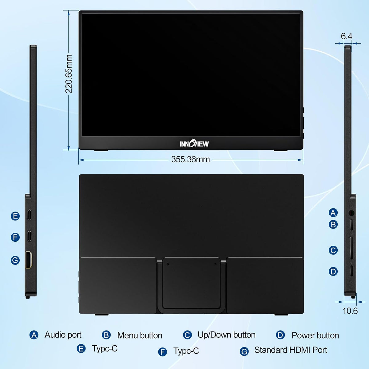 InnoView Portable Monitor 15.6" 1080P for Laptop with Protective Sleeve, Built-in 90° Adjustable Stand USB C HDMI Ultra-Slim Portable Laptop Monitor for MacBook Phone PS Xbox Switch