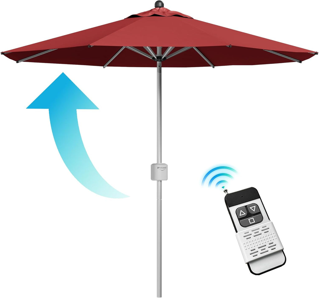 Patiowell 9 FT Motorized Patio Umbrella, Remote Outdoor Umbrella with Heavy Duty Aluminum Frame, Removable Power Bank and Push Button Tilt for Backyard, Pool, Garden, Beach, Burgundy Red