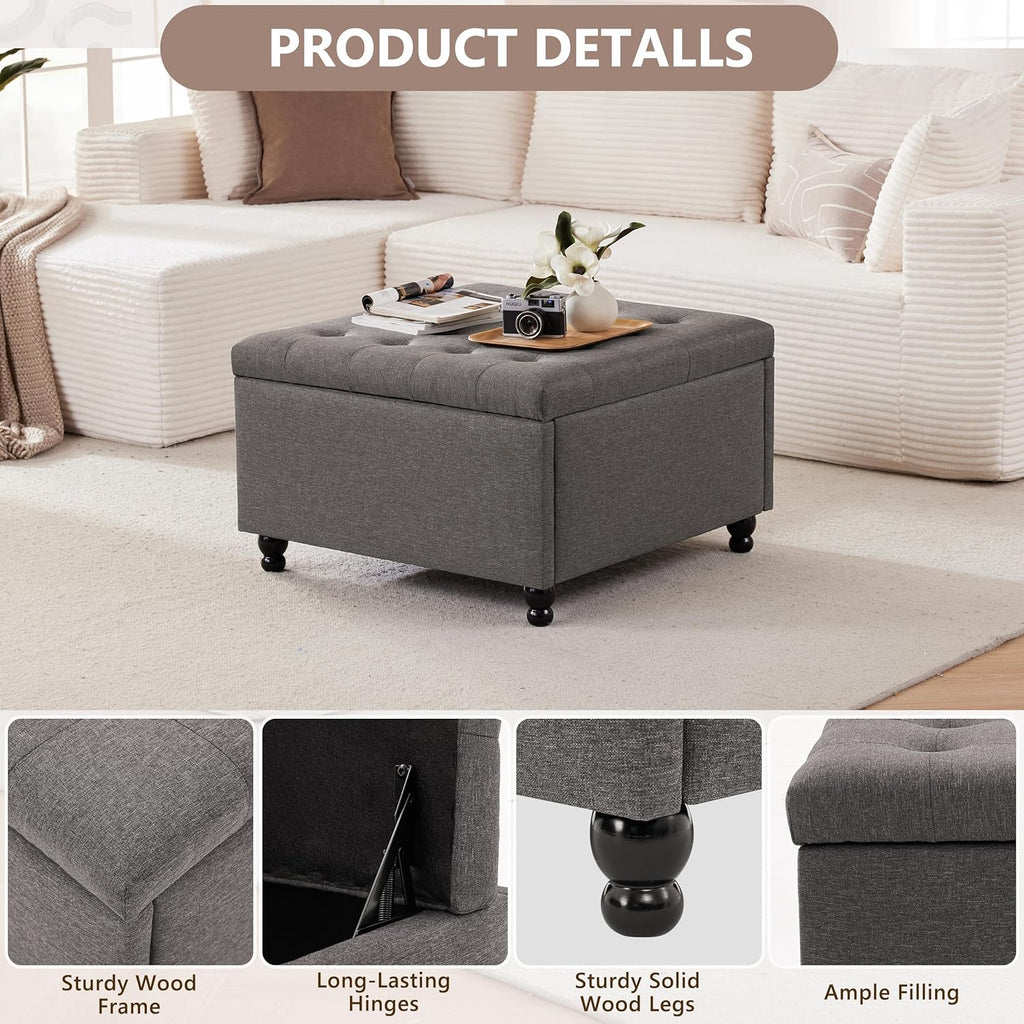 Weture 30 Inch Large Square Storage Ottoman Coffee Table, Oversized Square Ottoman with Storage, Tufted Upholstered Coffee Tables for Living Room (Fabric, Dark Grey)
