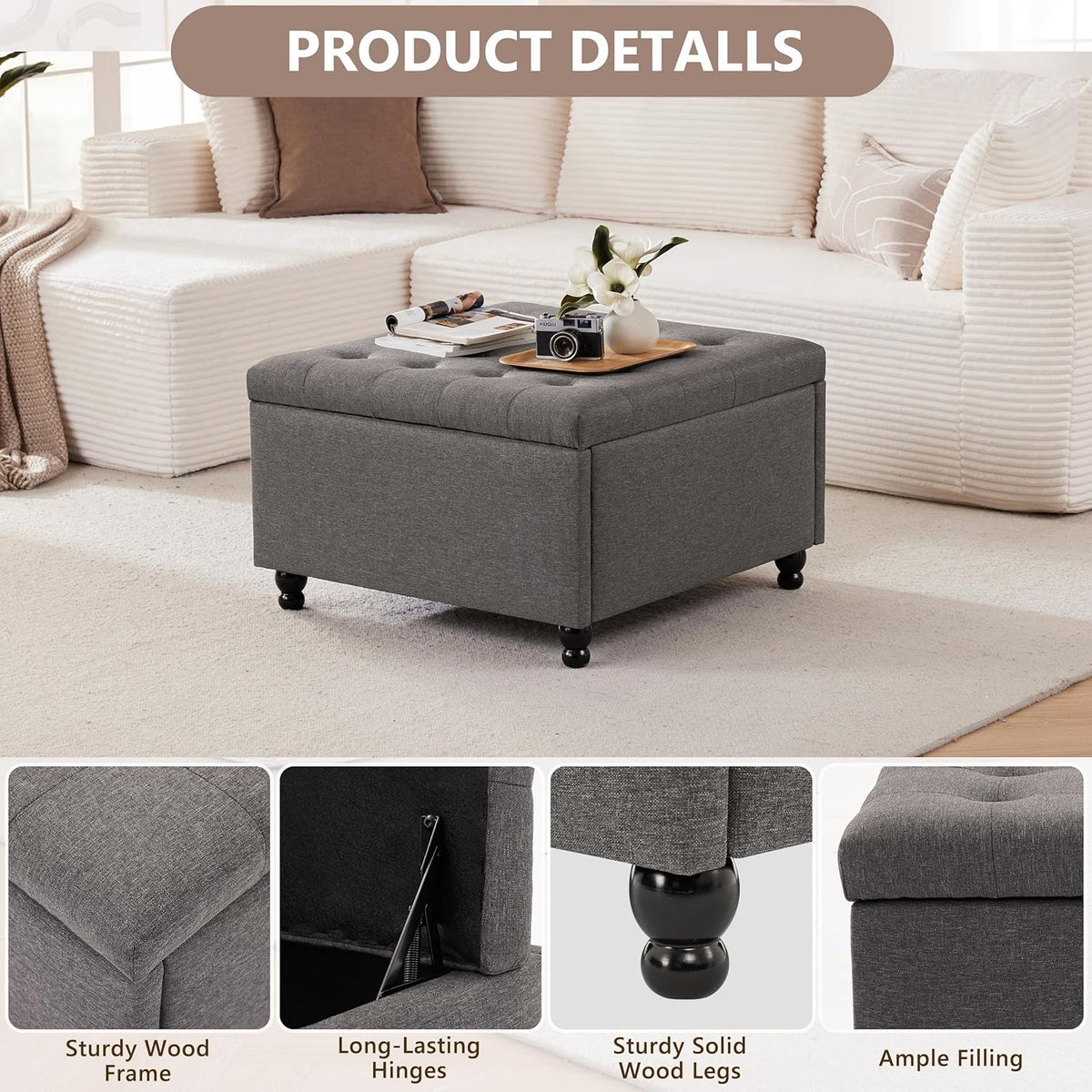 Weture 30 Inch Large Square Storage Ottoman Coffee Table, Oversized Square Ottoman with Storage, Tufted Upholstered Coffee Tables for Living Room (Fabric, Dark Grey)