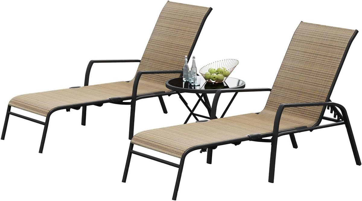 Devoko Patio Chaise Lounges Sets Outdoor Lounge Chairs with Adjustable Backrest & Sturdy Glass Top Coffee Table Suitable for Poolside, Beach, Backyard, Garden (Beige)