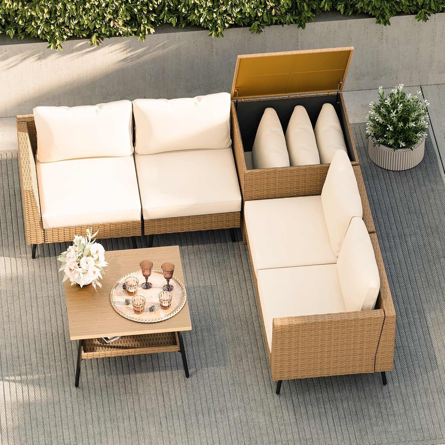 LAUSAINT HOME 6 Pieces Outdoor Patio Furniture Sets, Rattan Conversation Sectional Set with Cushions and Storage Box, Patio Sofa with Outdoor Table