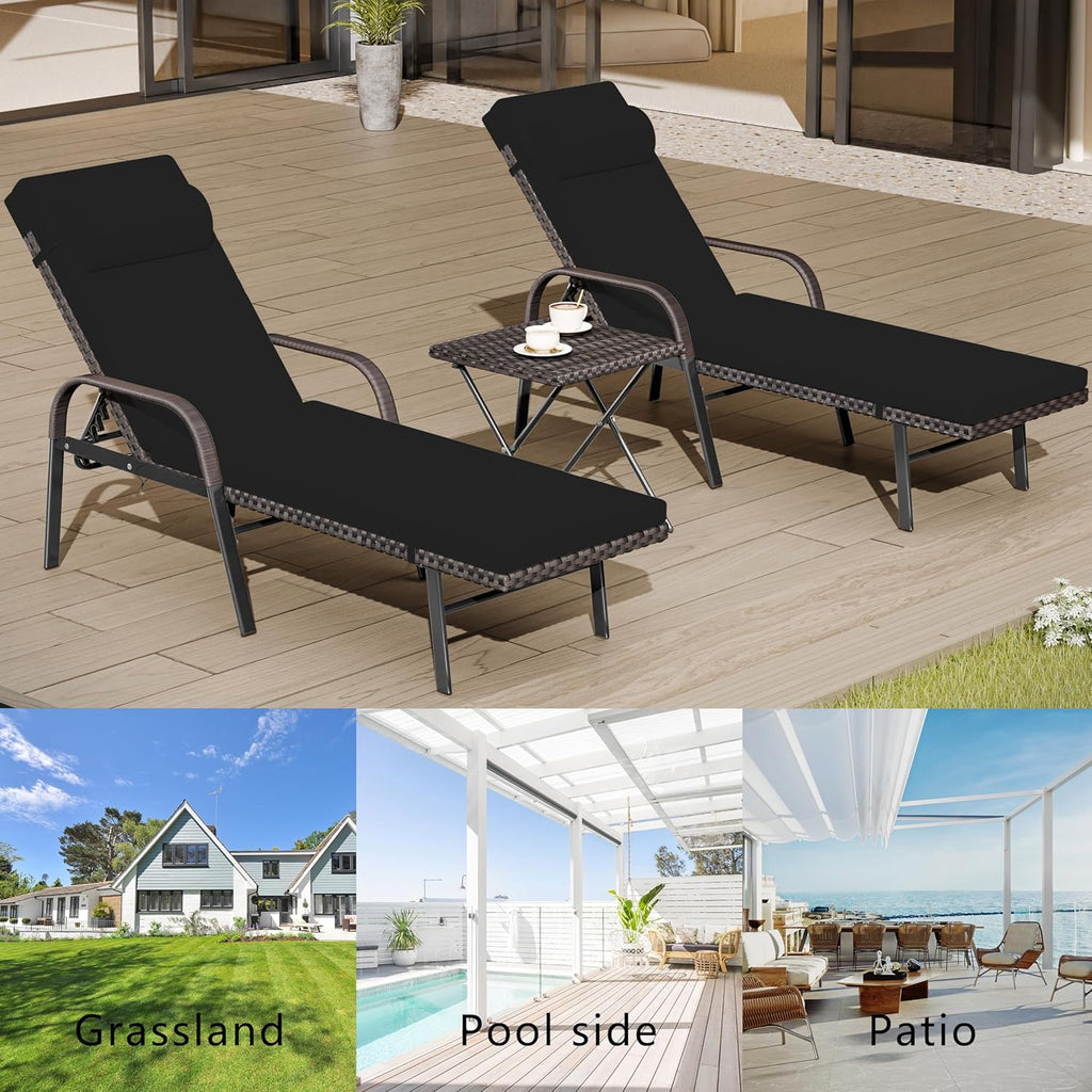 Patio Chaise Lounge Set 3 Pieces Outdoor Lounge Chair with Rattan Adjustable Backrest Armrest and Folding Table for Beach Patio,Sand, for Poolside Backyard Porch