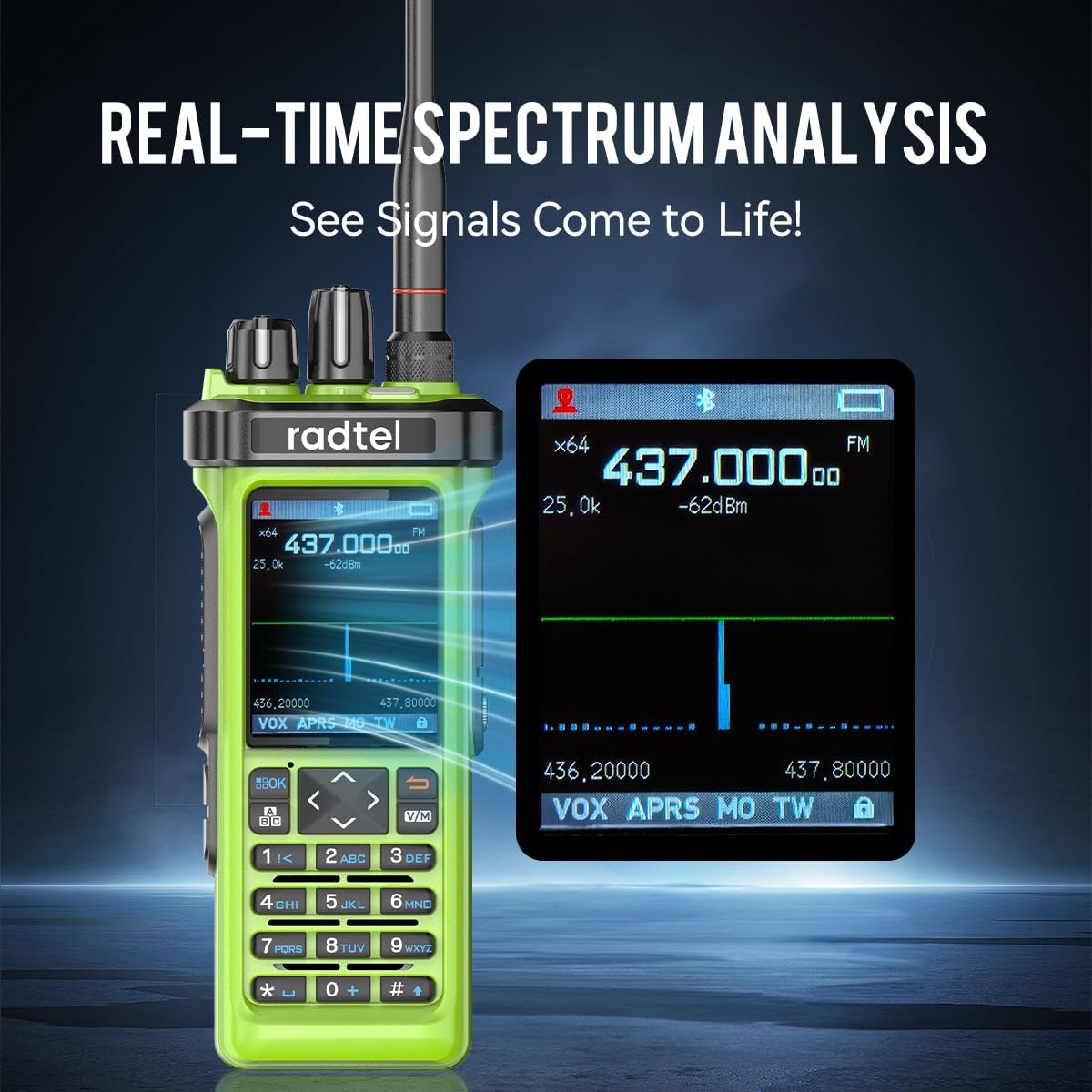 Radtel RT-950 PRO Ham Radio TX GPS/APRS, 10W Walkie Talkie Long Range Handheld Two Way Radio, AM/FM/CB/SW/MW/LW RX, Bluetooth APP Programming, NOAA, Spectrum Analyzer .Green (with Programming Cable)