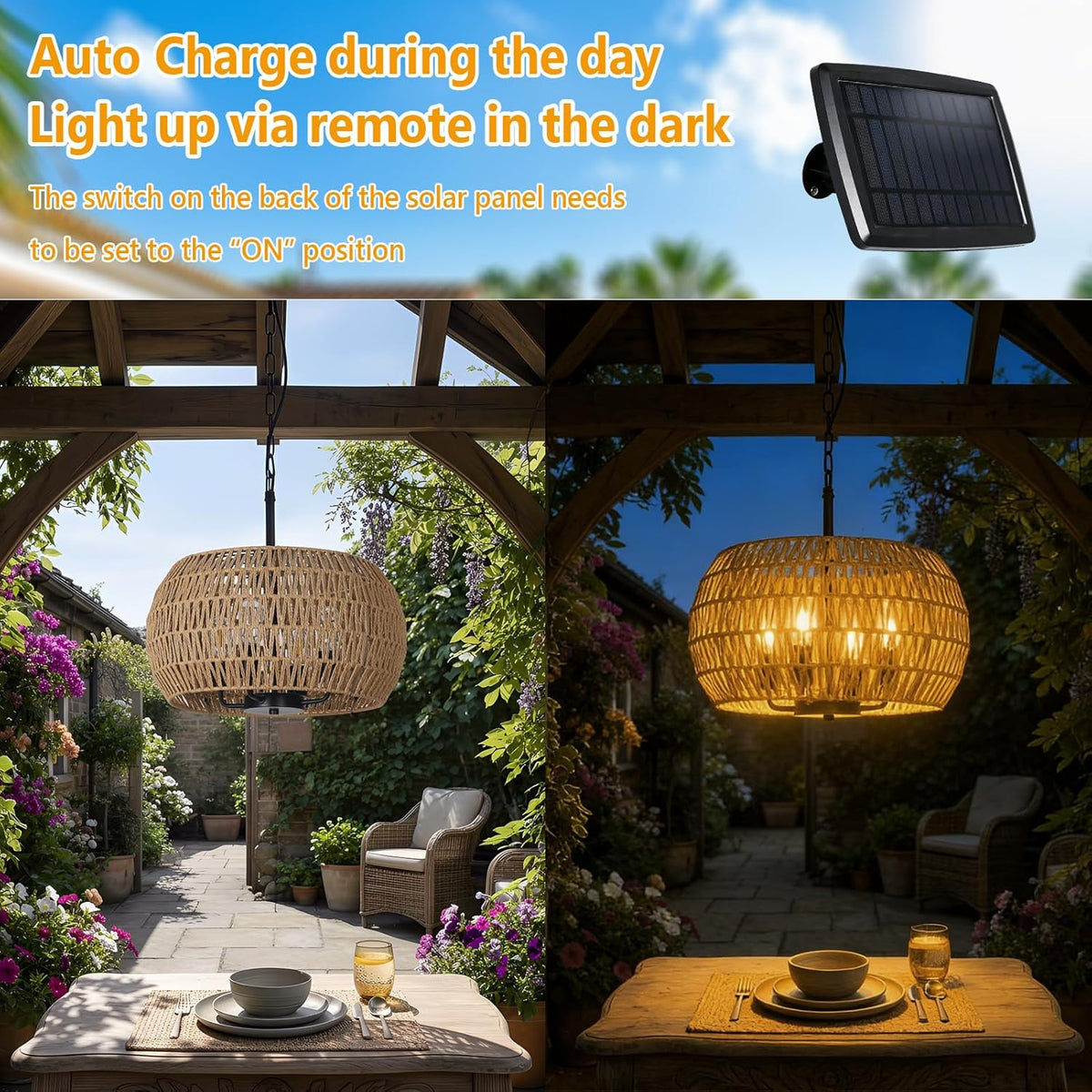 Solar Lights Outdoor Chandelier with Remote & Dimmable LED Bulb, Rattan Solar Powered Outdoor Lights for Patio, Indoor Boho Hanging Pendant Light Fixture, Garden Lights for Porch Gazebo Patio Yard