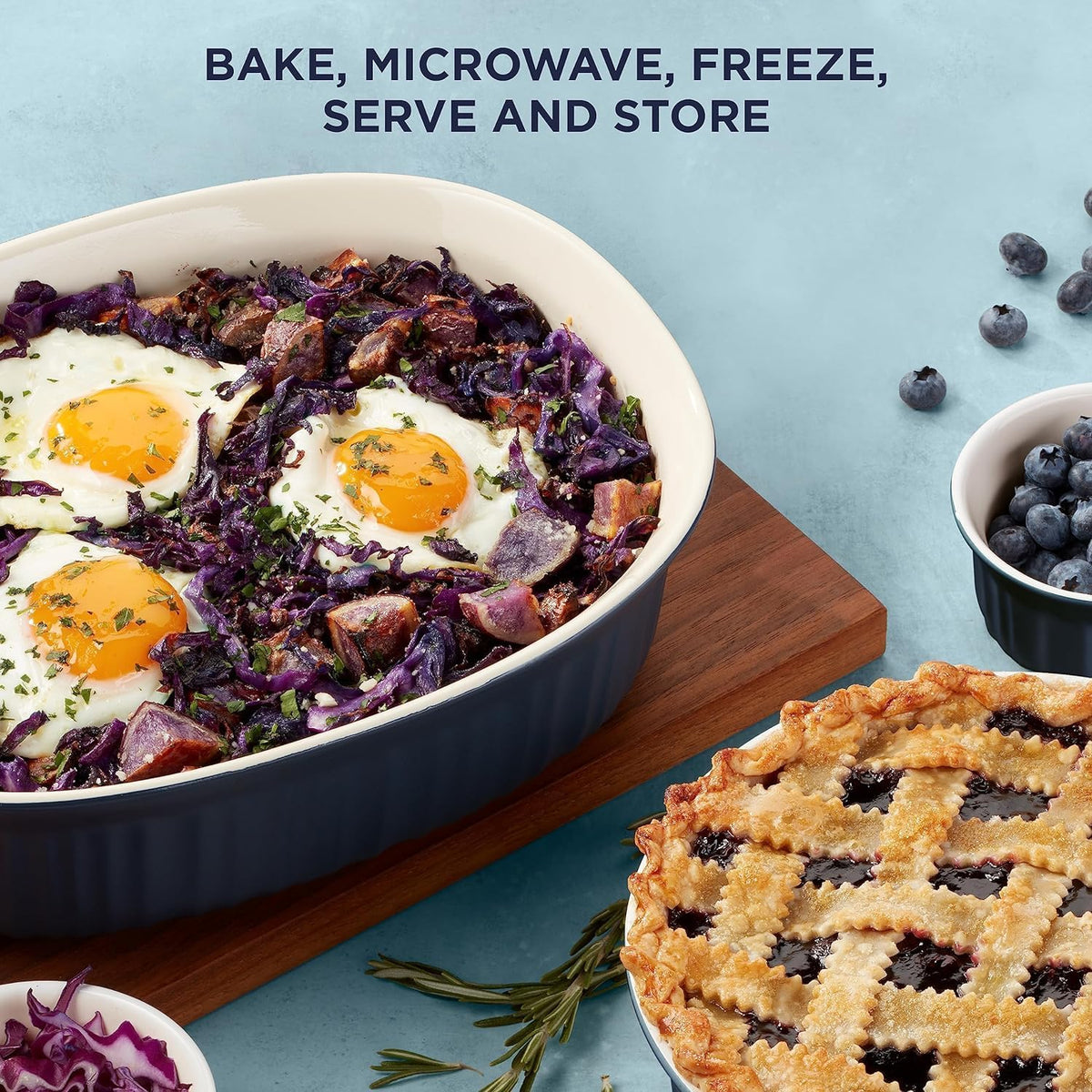 CorningWare Ceramic Bakeware Set with Lids Chip and Crack Resistant Stoneware Baking Dish, Microwave, Dishwasher, Oven, Freezer and Fridge Safe, 10-Piece French Navy