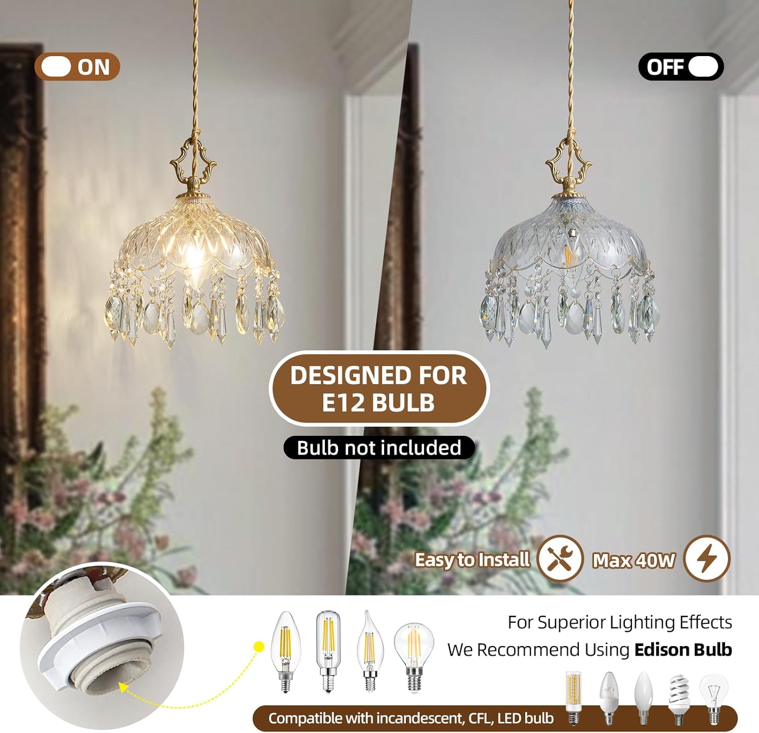 Vintage Small Crystal Pendant Lights - Brass Gold Clear Glass Mini Adjustable Hanging Kitchen Island Chandelier set of 2,Unique Flower Art Deco for Bathroom Bar Bedroom Dining Room Hallway Closet Sink