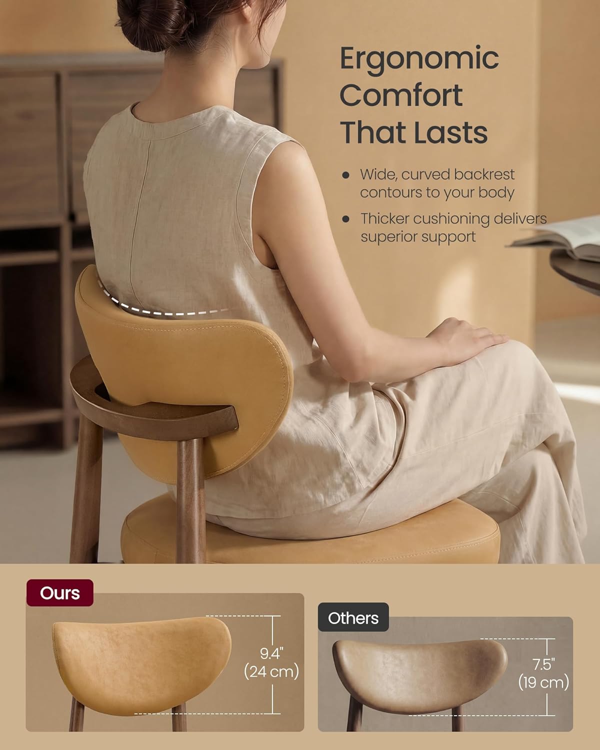 VASAGLE Wooden Bar Stools Set of 2, Upholstered Counter Height Barstools with Solid Wood Legs, Ergonomic Backrest, Mid Century Modern, for Kitchen Island, Synthetic Leather, Caramel Brown