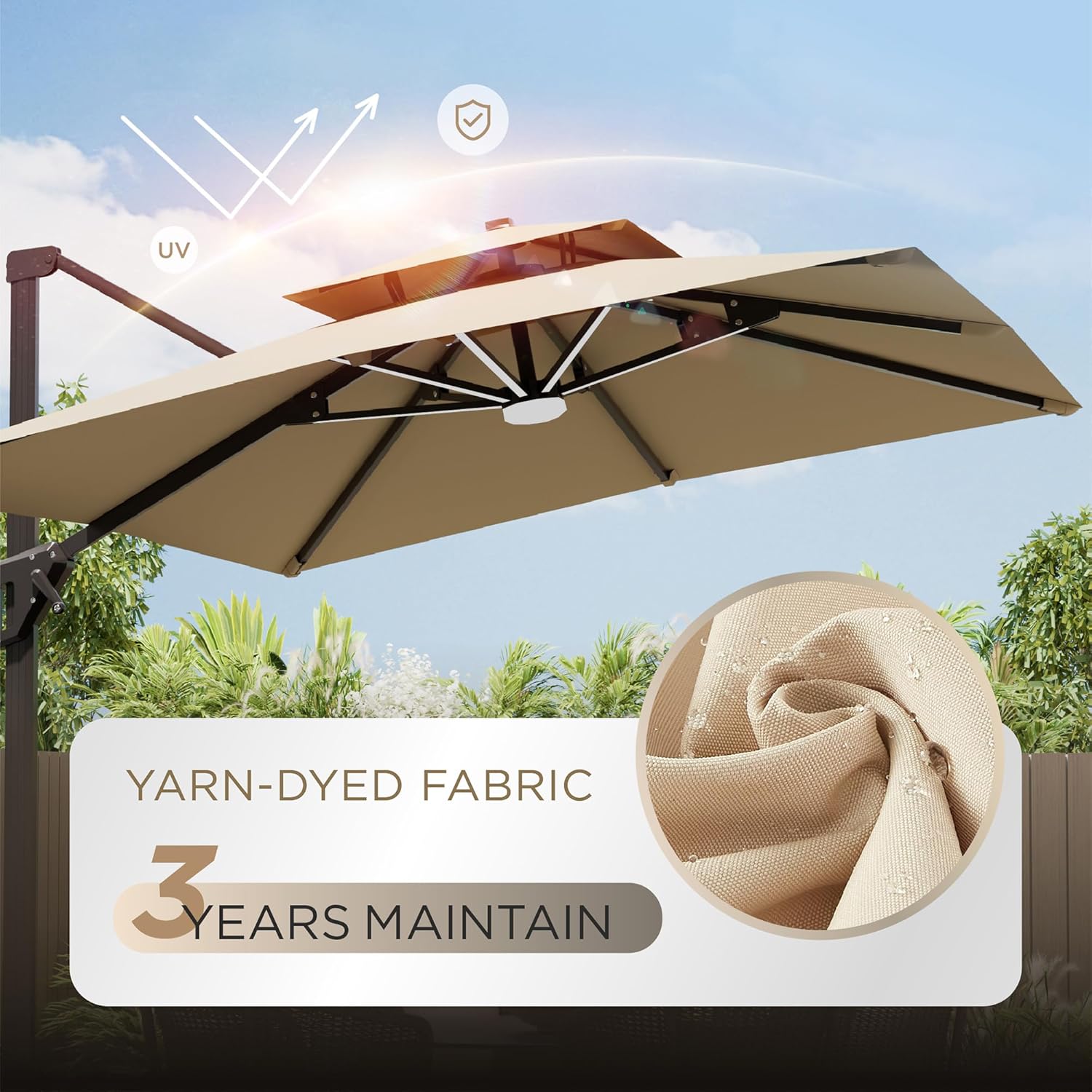 Deconk 10' X 13 'Patio Umbrella with LED Lights Outdoor Cantilever Large Rectangle Offset Umbrellas Heavy Duty Aluminum Double Top with 360-degree Rotation for Pool Garden Deck, Beige