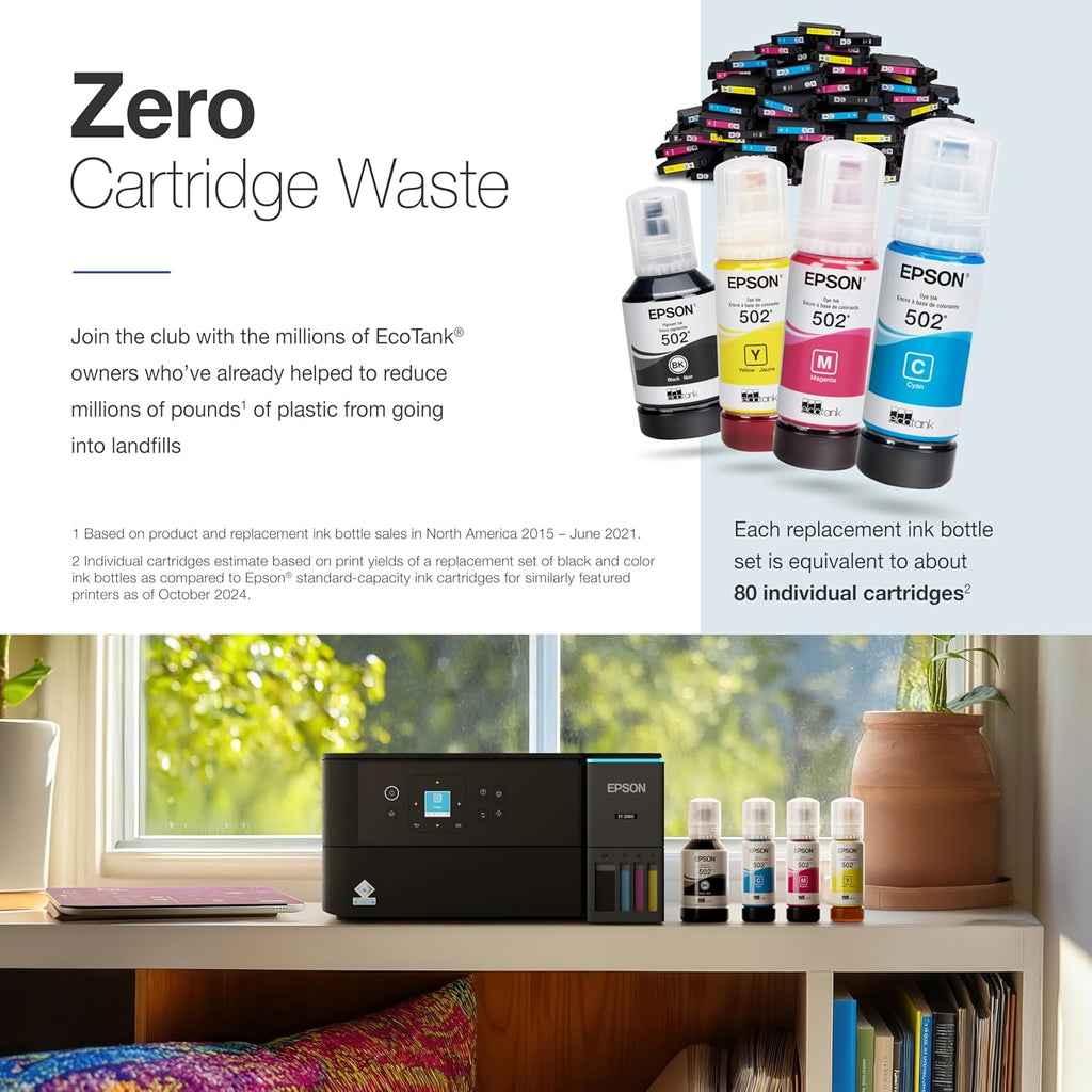 Epson EcoTank ET-2980 Wireless All-in-One Color Supertank Printer with up to 3 Years of Ink Refillable Tanks, Perfect for Home, 15 PPM, 1.44" Colorful Screen, Auto 2-Sided Printing - Black