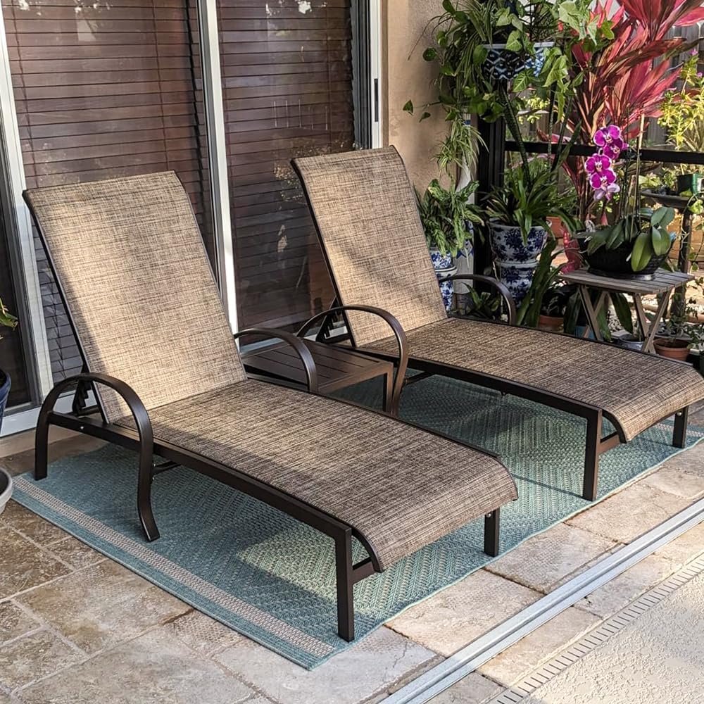PURPLE LEAF Outdoor Chaise Lounge Chair Set of 3 Patio Pool Lounger Aluminum Chairs with Side Table Adjustable Tanning Recliner for Outside Yard Deck Lawn Garden Beach Brown