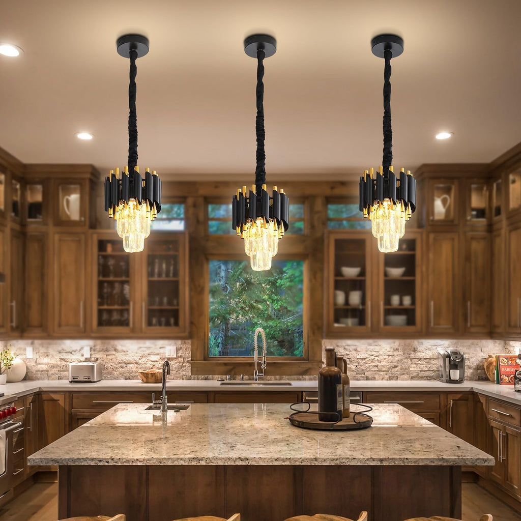Modern Black Crystal Chandelier 2-Tier Round Pendant Lighting Light Fixture Chandelier for Kitchen Island Entryway Bathroom BedHead Bedroom