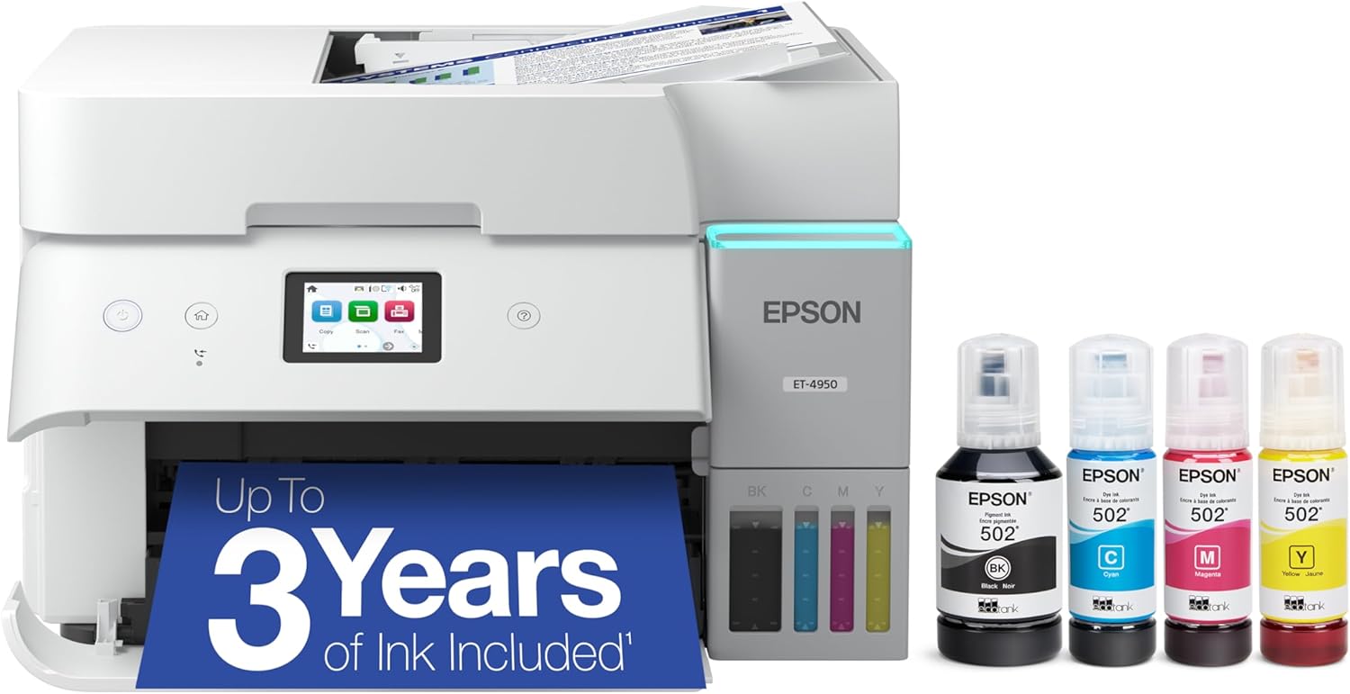 Epson EcoTank ET-4950 Wireless All-in-One Color Supertank Printer with up to 3 Years of Ink Refillable Tanks, Perfect for Office, 18 PPM, 2.4" Colorful Touchscreen, Auto Document Feeder - White