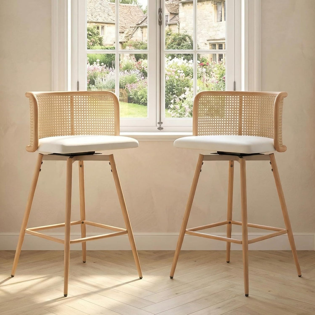 TYBOATLE Swivel Rattan Bar Stools Set of 4, 26” Counter Height Stools with Natural Rattan Woven Back and Faux Leather Seat, Mid-Century Modern Island Chairs Barstools for Kitchen, White