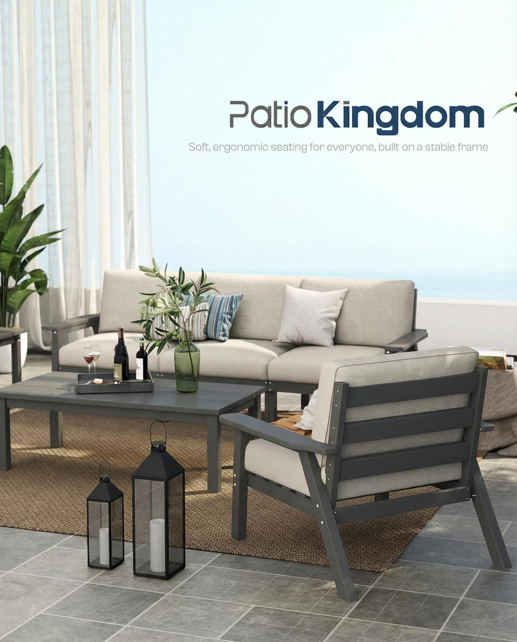 7 Piece Patio Conversation Sets, Outdoor Couch with Washable Thick Beige Cushions, HDPE Patio Furniture Set, Outdoor Sectional Furniture for Backyard, Deck, Lawn, Porch (Grey Frame)