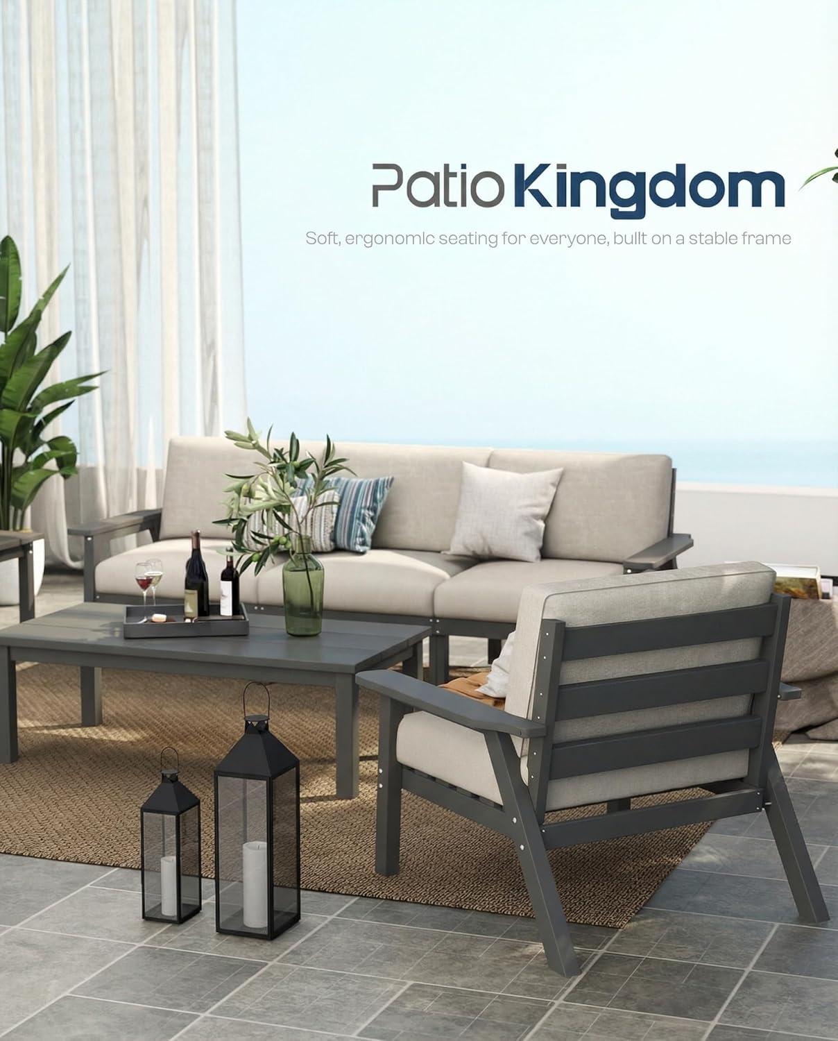 7 Piece Patio Conversation Sets, Outdoor Couch with Washable Thick Beige Cushions, HDPE Patio Furniture Set, Outdoor Sectional Furniture for Backyard, Deck, Lawn, Porch (Grey Frame)