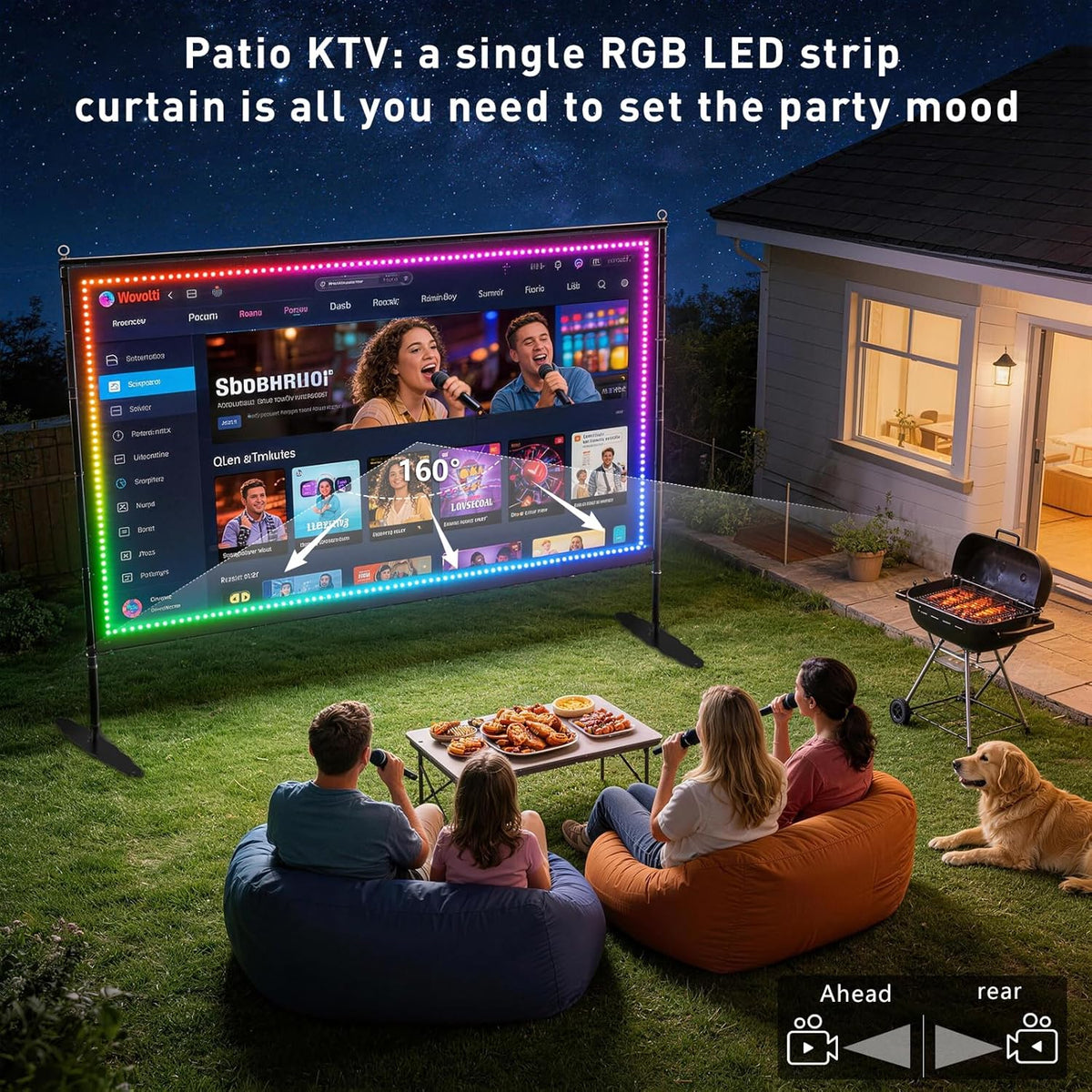 150 inch Projector Screen with Stand, USB String Lights Connection 16:9 4K HD Portable Movie Screen Indoor Outdoor,Wrinkle-Free Foldable Projection Screen for Home Theater Backyard, Office, Travel
