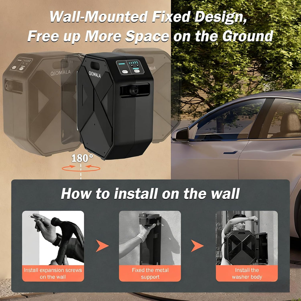 Wall Mounted PowerWasher 5000MAXPSI, 100FT Retractable Hose, Foam Cannon & 5 Quick Connect Nozzles for Car, Lane, Patio Cleaning