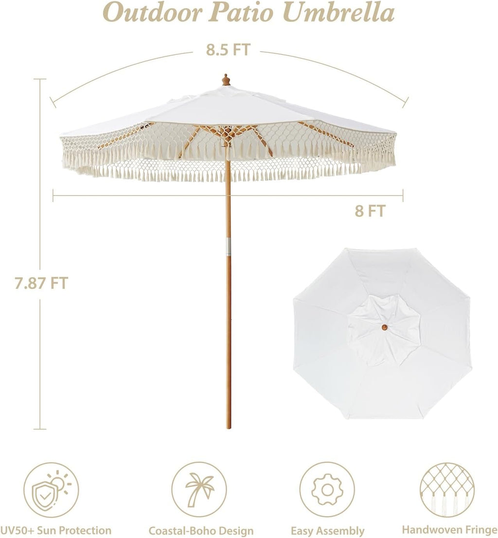 AMMSUN 8.5ft Luxury Premium Boho Patio Umbrella Wood Pole Fancy Bali-style Outdoor Umbrellas UPF 50+ Sun Protection with Pulley Lift Air Vent Tassel Fringe for Garden, Pool, Deck, Beach, Backyard, Events