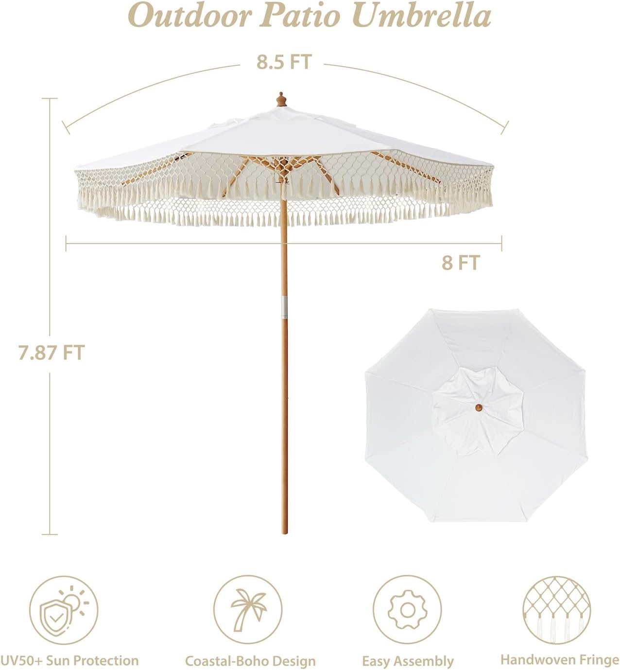 AMMSUN 8.5ft Luxury Premium Boho Patio Umbrella Wood Pole Fancy Bali-style Outdoor Umbrellas UPF 50+ Sun Protection with Pulley Lift Air Vent Tassel Fringe for Garden, Pool, Deck, Beach, Backyard, Events