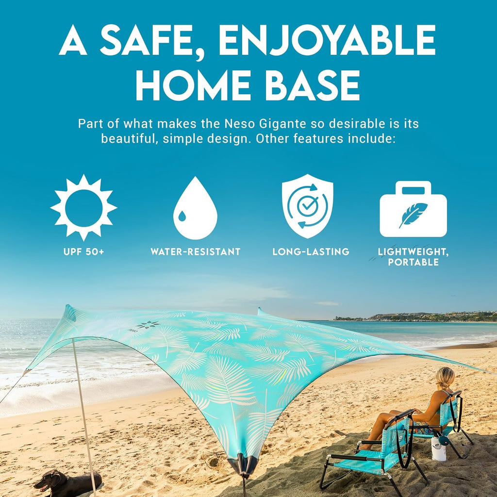 Neso Gigante Portable Beach Tent Sun Shelter - Lightweight Beach Shade Canopy - Easy Setup for Family Outings - Patented Reinforced Corners - UPF 50+ - 8ft Tall, 11 x 11ft - Aqua Fronds