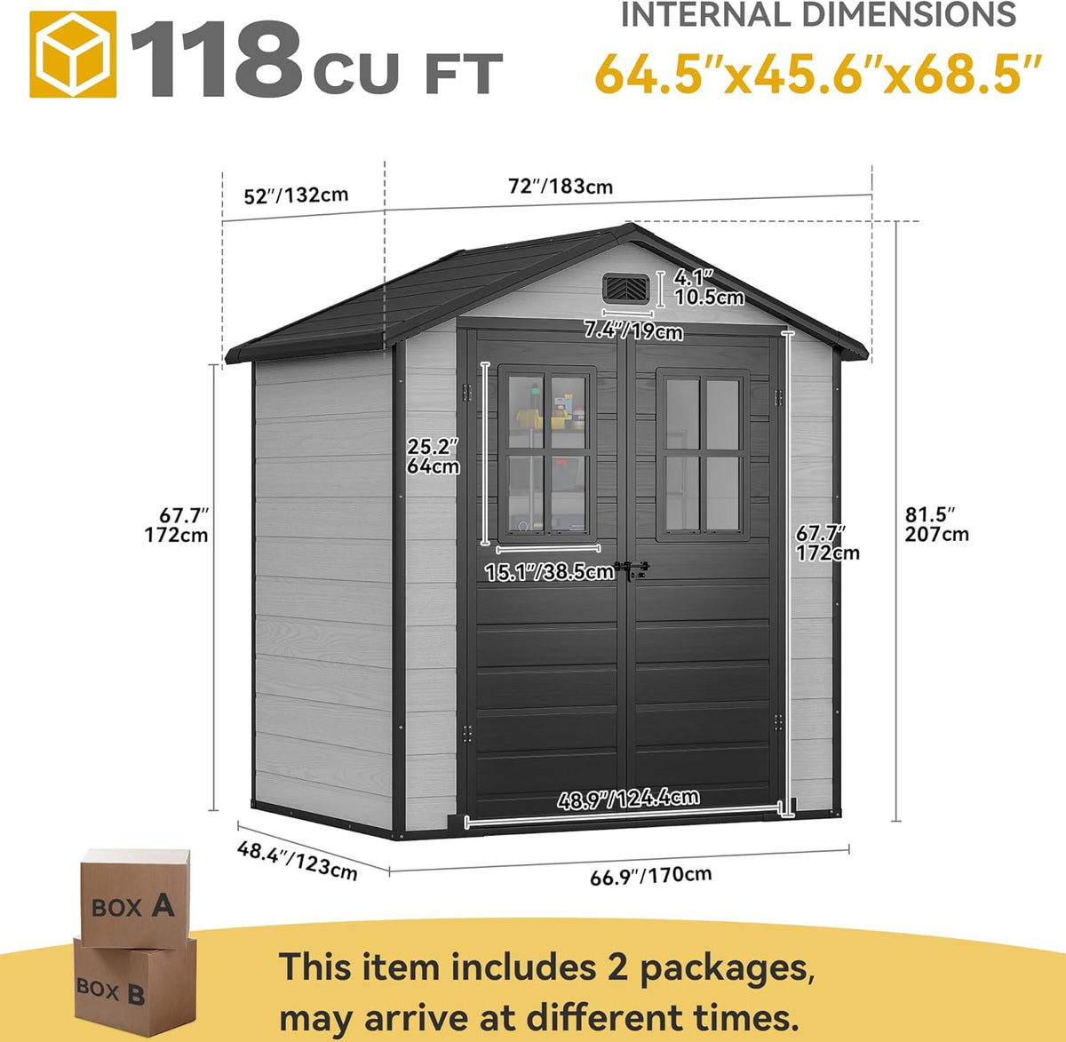 DWVO 6x4.4 FT Outdoor Storage Shed, Plastic Garden Tool Shed with 2 Windows, Double-Wall Outside Shed for Lawn Mower, Garden Shed for Backyard, Patio, Lawn