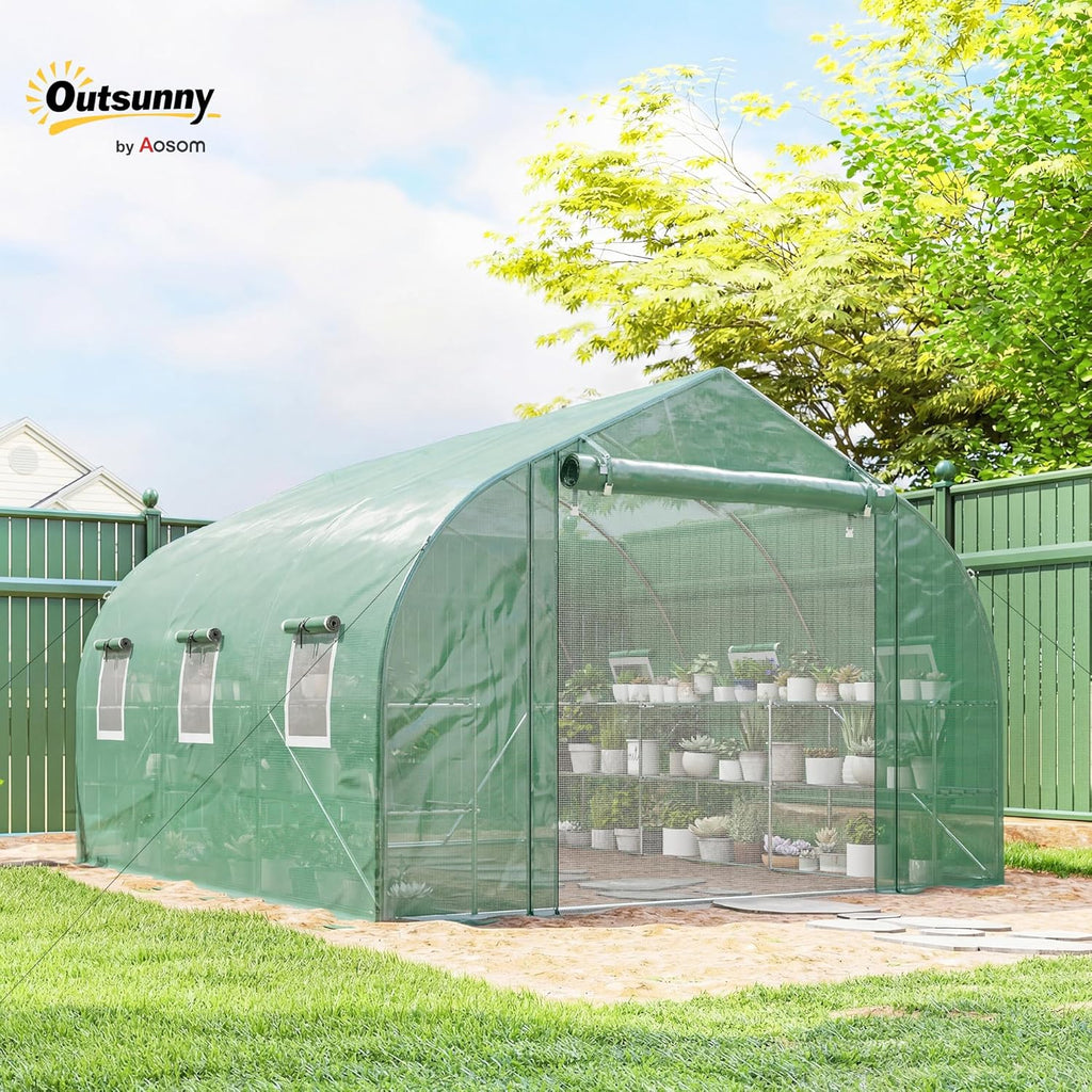 Outsunny 10' x 11' x 6' Walk-in Tunnel Greenhouse with Shelves, Plant Hot House with PE Cover, Mesh Door and Windows, Outdoor Green House for Patio Lawn Garden, Green