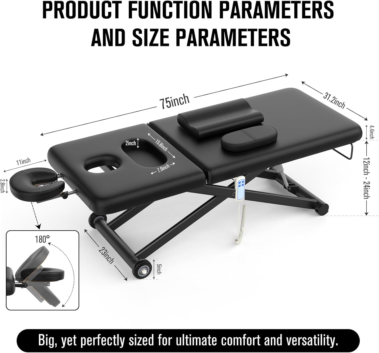 Dolonm Electric Massage Table, Heavy Duty Electric Lift and Electric Backrest 2 Motor Adjustable for Treatment/Medical Spa/Facial Bed/Beauty Bed/Massage Bed and More - 31.2 Wide x 75 Long, Black