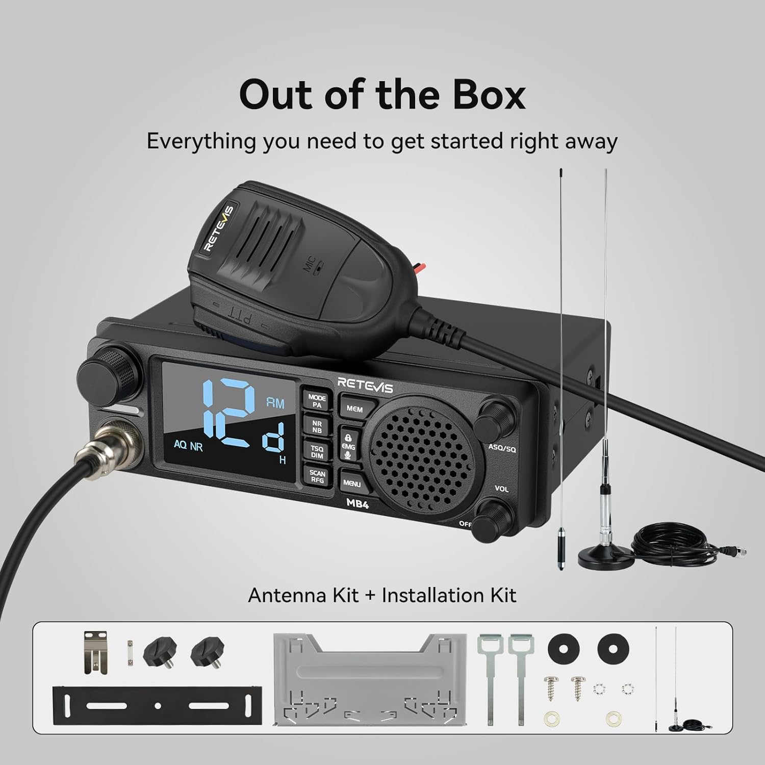 Retevis MB4 DIN Mount CB Radio Kit, NRC Noise Canceling Mobile Radio, Front Facing Speaker, PA, Cigarette Lighter, 40-Channel AM/FM, Long Range CB Radio with Antenna for Trucker Off Road Emergency