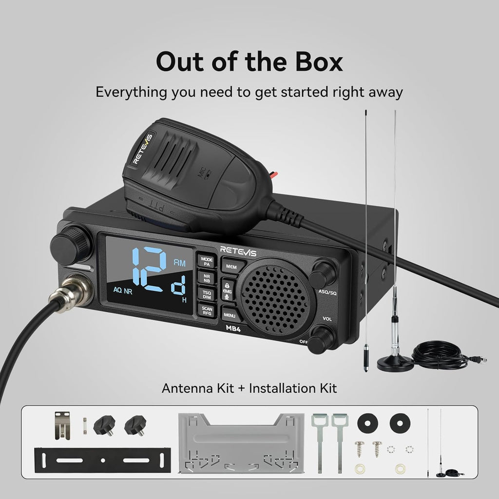 Retevis MB4 DIN Mount CB Radio Kit, NRC Noise Canceling Mobile Radio, Front Facing Speaker, PA, Cigarette Lighter, 40-Channel AM/FM, Long Range CB Radio with Antenna for Trucker Off Road Emergency